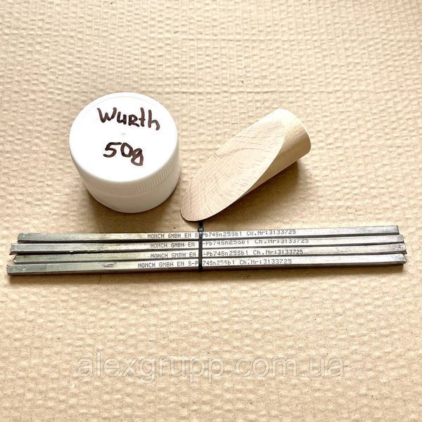Набор для лужения Паста Wurth 50g, Оловянные стержни Monch 4 прута, лопатка 50/4/L фото